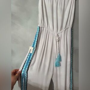 Surf Gypsy White Jumpsuit with Aqua and Navy Accents